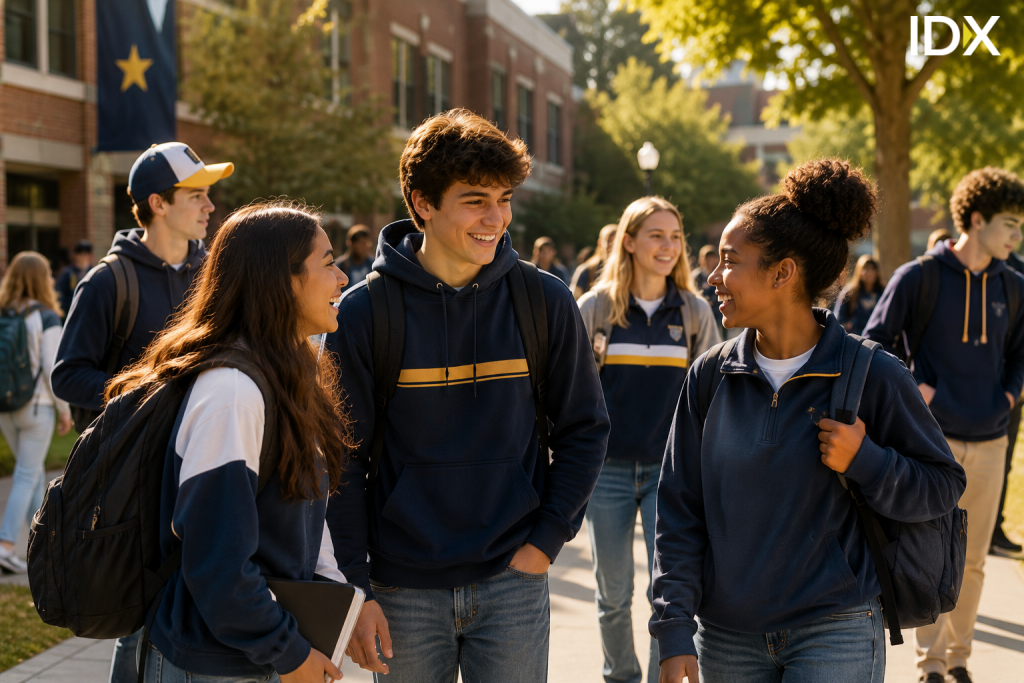 Group of high school students in matching navy and gold school hoodies and quarter-zips walking together on campus, laughing.