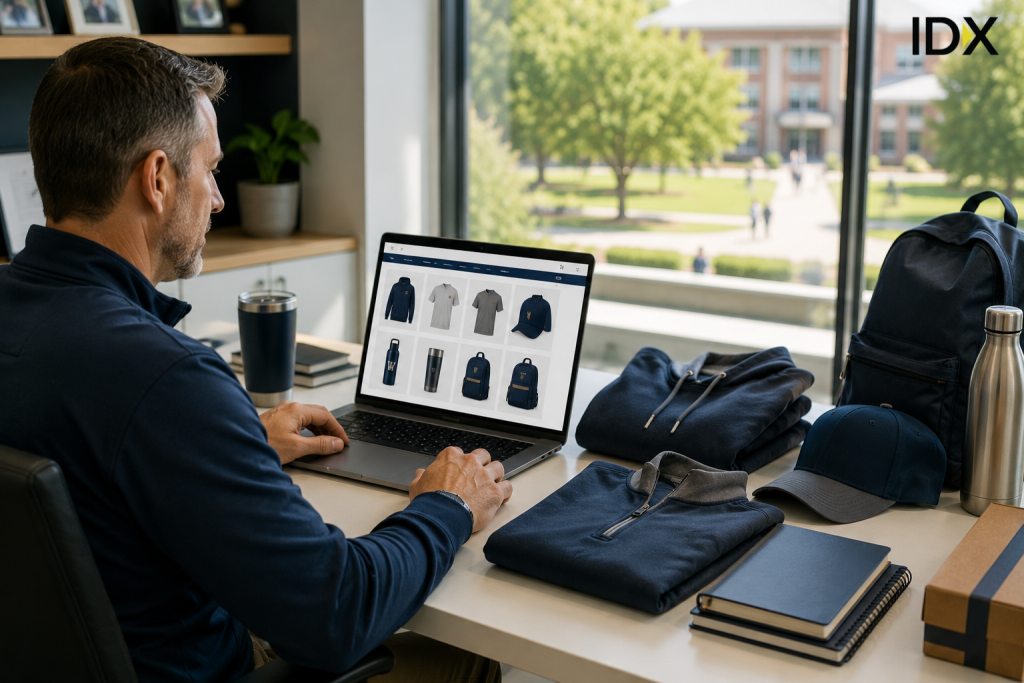 School administrator reviewing a year-round online spirit wear store on a laptop, with folded hoodies, a cap, and a backpack on the desk beside him.