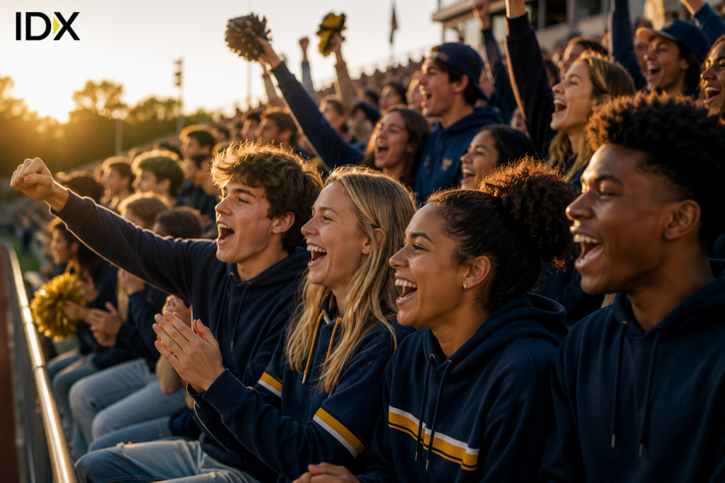 Crowd of students cheering and clapping in the stands at a school football game, wearing matching navy and gold spirit wear.