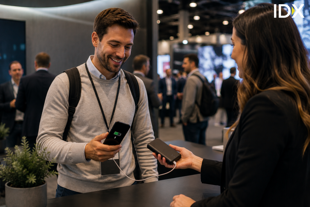 Event attendee charging a smartphone with a branded portable power bank at a trade show booth