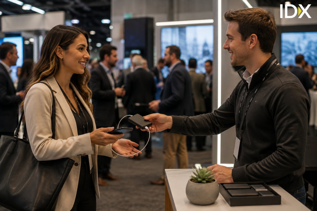 Trade show attendee receiving a portable power bank to charge a phone during an event