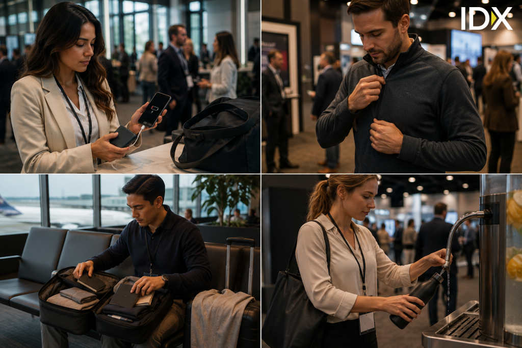 Conference attendee using practical promotional products including power bank, insulated bottle, travel organizer, and apparel