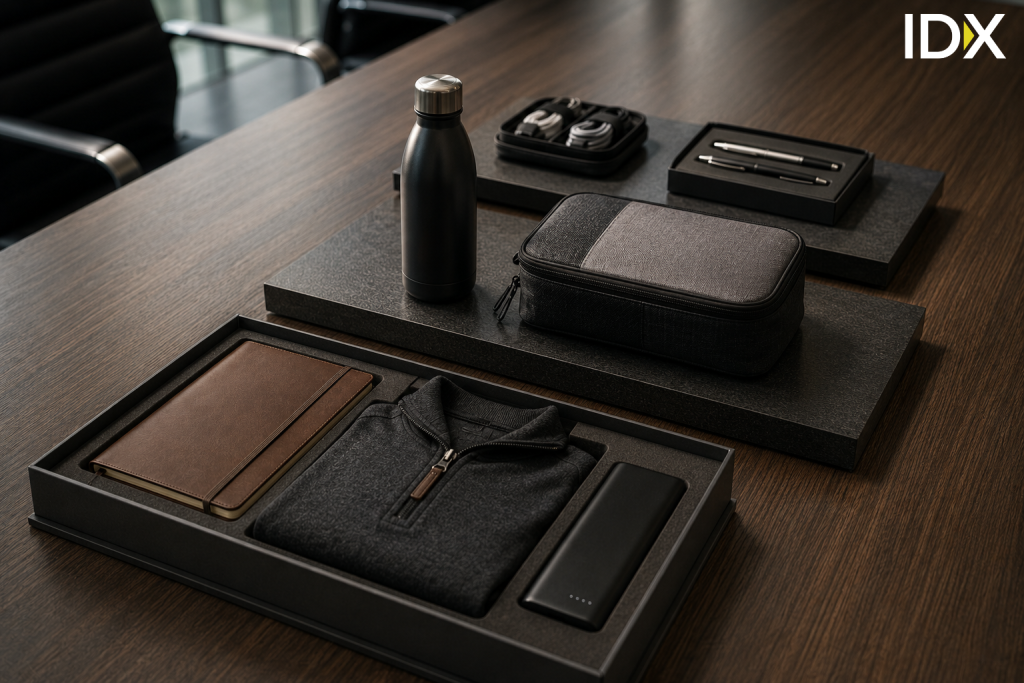 Executive trade show gift set featuring premium notebook, quarter-zip, power bank, insulated bottle, and travel organizer
