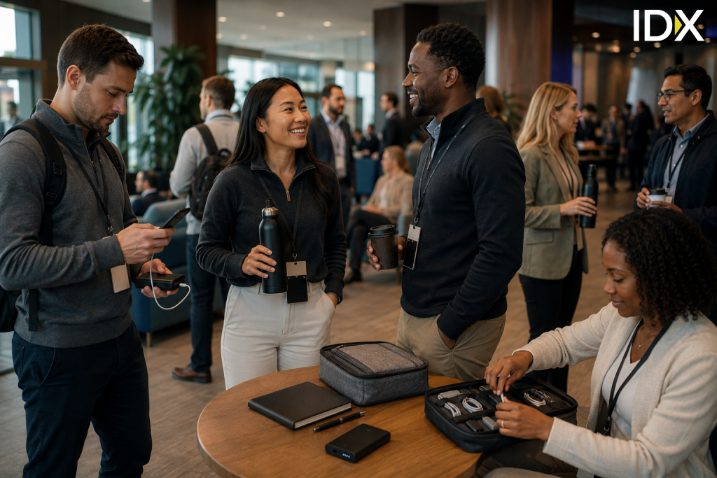 Professionals networking at a conference while using premium branded merchandise