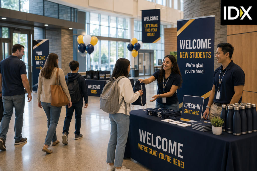 Organized campus orientation area with a check-in table, welcome signage, coordinated staff apparel, student welcome kits, giveaway items, and students arriving.