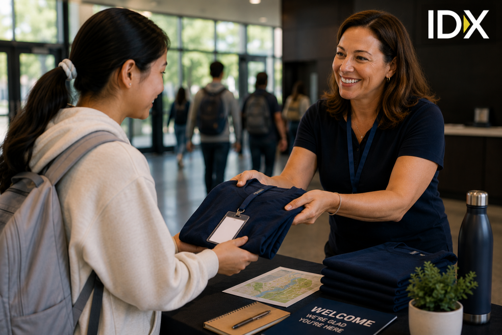 Staff member smiling and handing a folded navy shirt and lanyard to a student at a welcome table in a modern campus lobby.