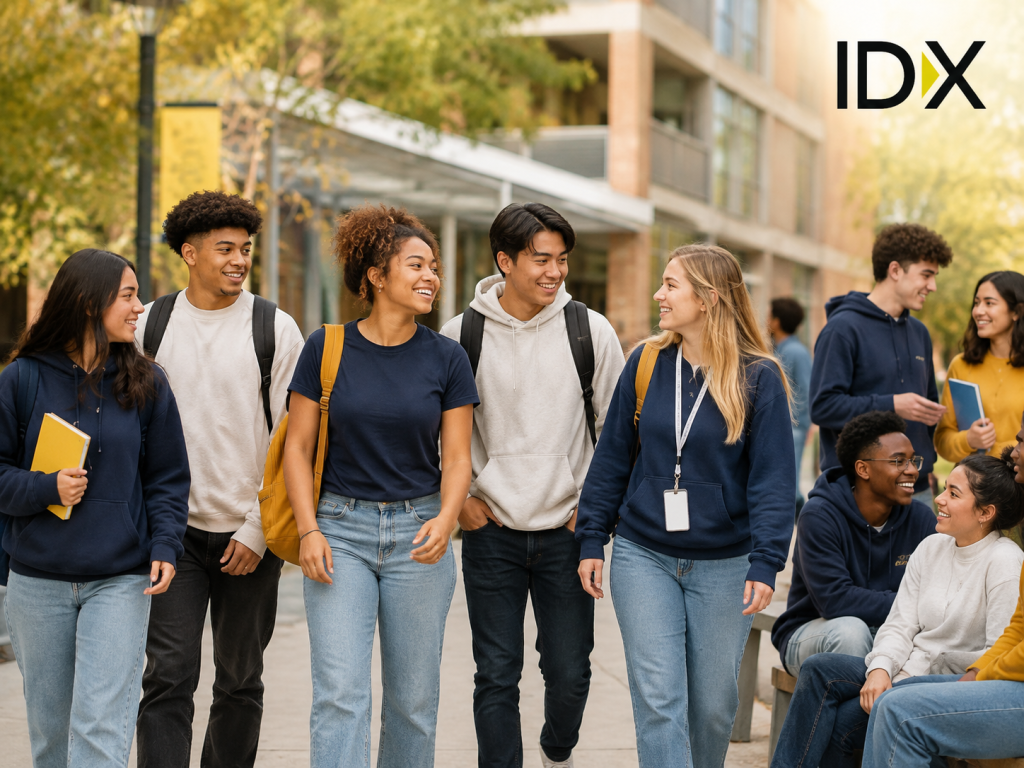 Diverse group of college students walking together on campus wearing coordinated navy and neutral apparel and carrying backpacks and school materials.