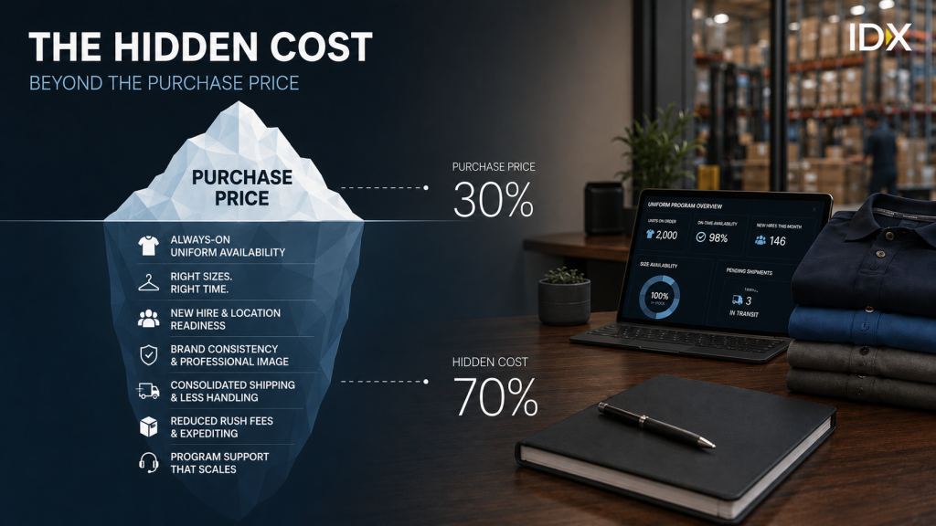 Iceberg diagram illustrating that purchase price represents only a fraction of total program cost, with hidden costs like freight, administrative load, and delays below the surface
