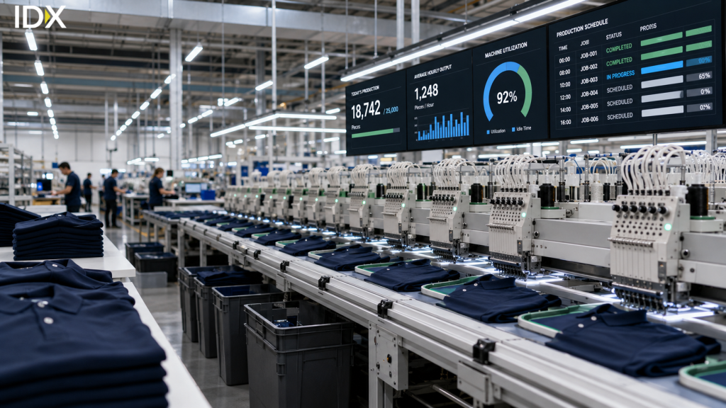 Apparel production line with embroidery machines and a live dashboard showing daily output progress toward a 25,000-piece production run