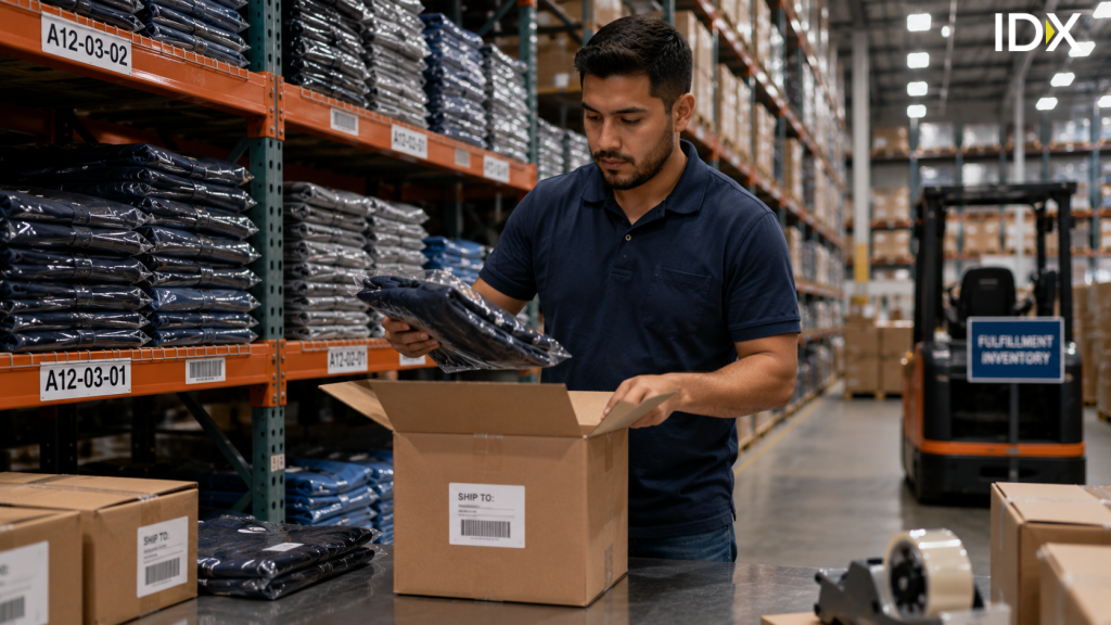 Warehouse worker packing a labeled shipment box with uniforms pulled directly from existing inventory stock