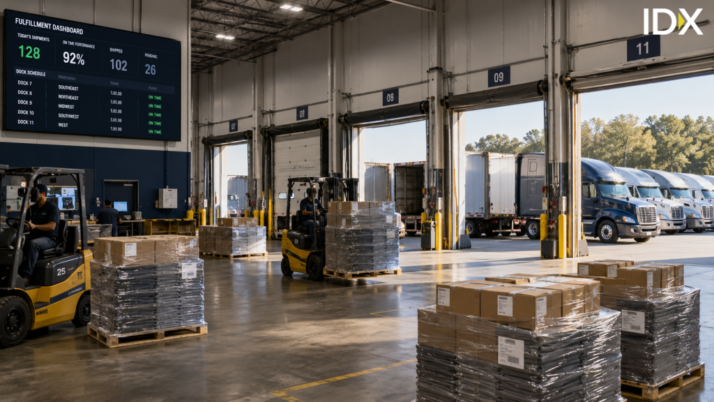 Warehouse loading dock with consolidated pallets being staged for shipment and a fulfillment dashboard showing on-time delivery performance by region