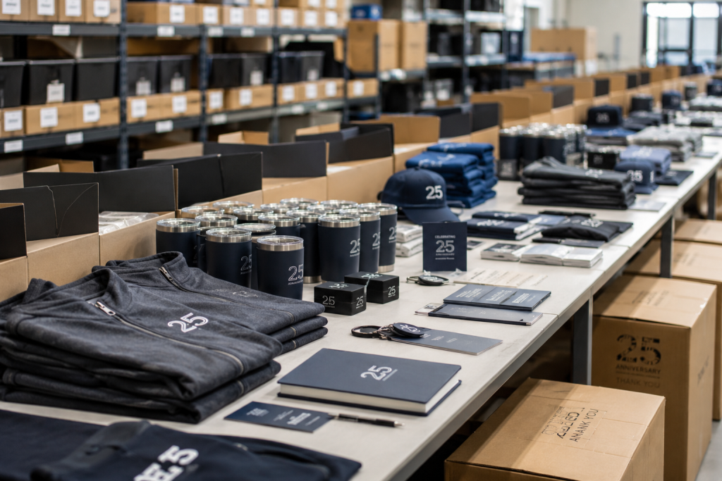 Anniversary merchandise including apparel, drinkware, notebooks, and branded materials organized for production and fulfillment.