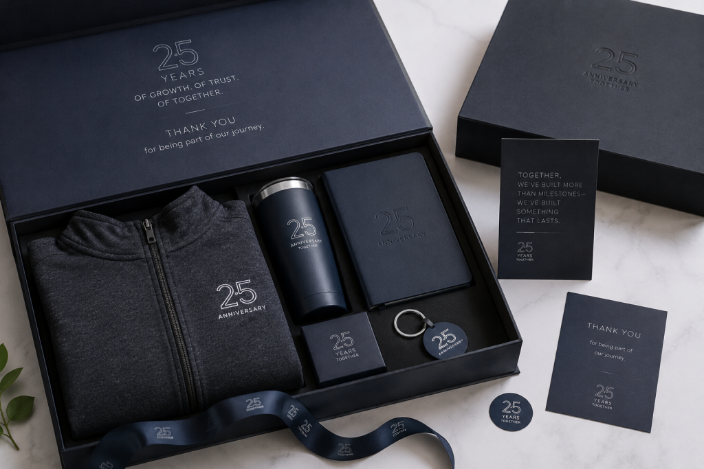 Premium anniversary gift kit containing branded apparel, drinkware, notebook, keychain, and printed recognition materials.