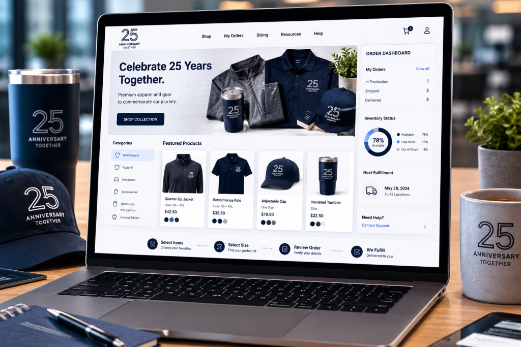 Online anniversary campaign store displaying branded merchandise, order management tools, and inventory tracking information.
