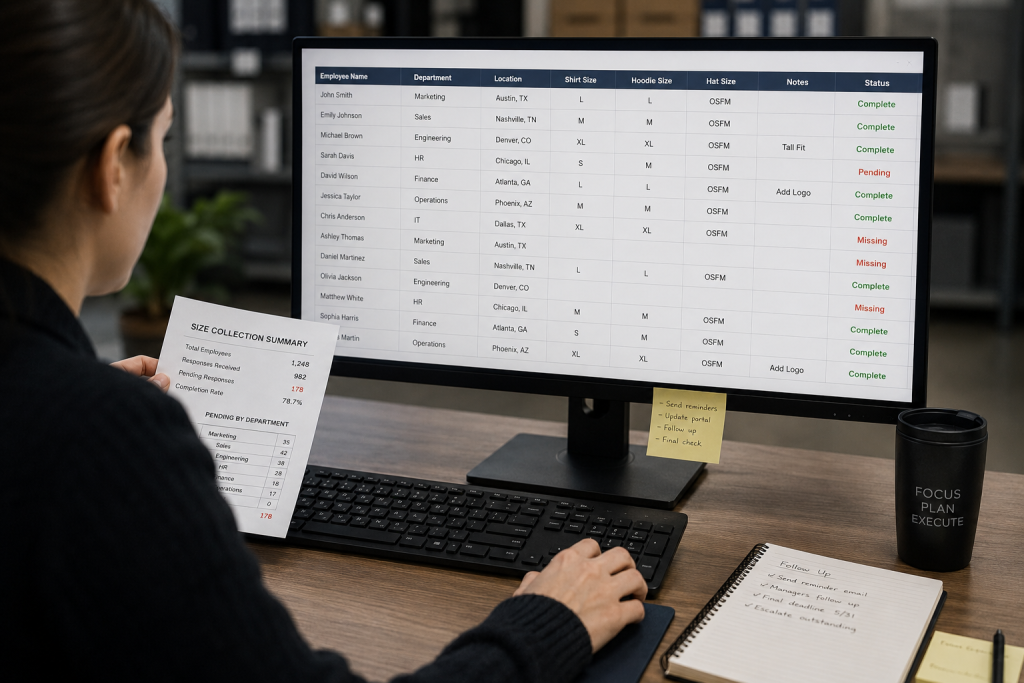 Employee merchandise sizing database showing response tracking, apparel selections, and campaign participation status.