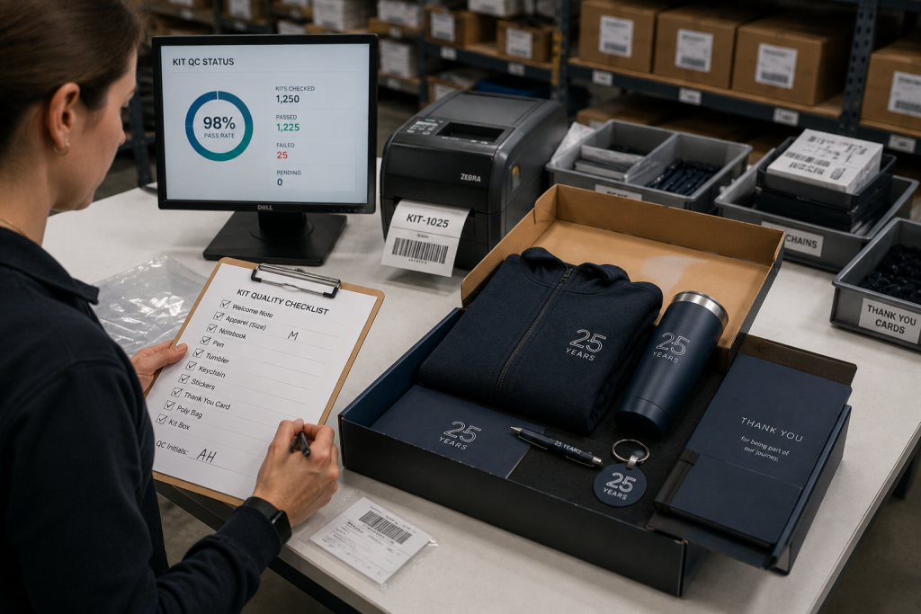 Employee assembling and inspecting anniversary campaign kits using a quality control checklist and inventory tracking system.