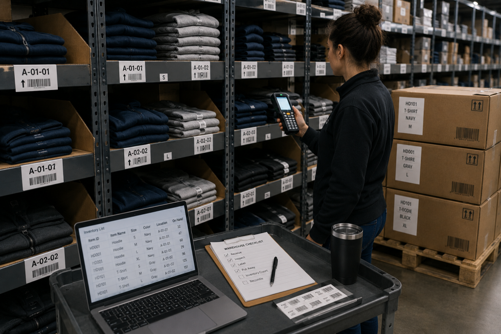 Warehouse employee scanning apparel inventory and verifying stock levels for anniversary campaign merchandise.