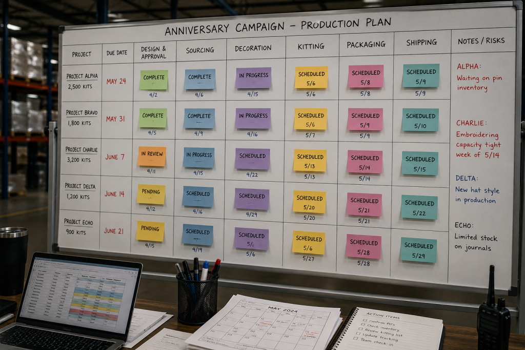 Production planning board tracking sourcing, decoration, kitting, packaging, and shipping milestones for multiple anniversary campaign projects.
