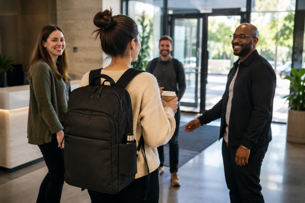 New employee being welcomed by colleagues in office lobby on first day