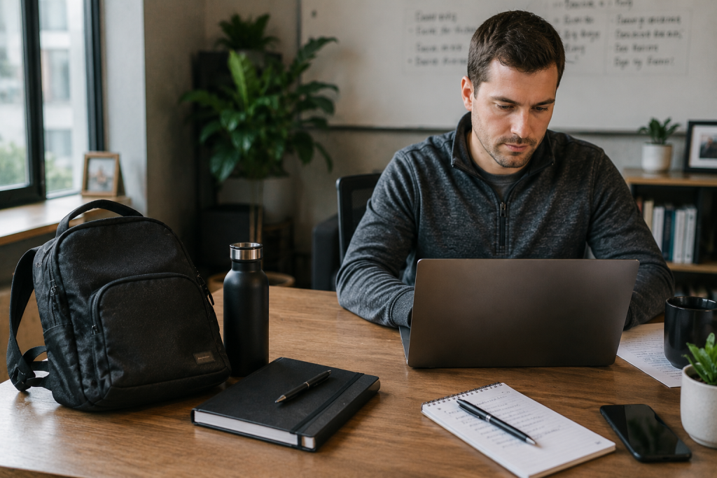 New hire desk setup with branded backpack, water bottle, and notebook next to laptop