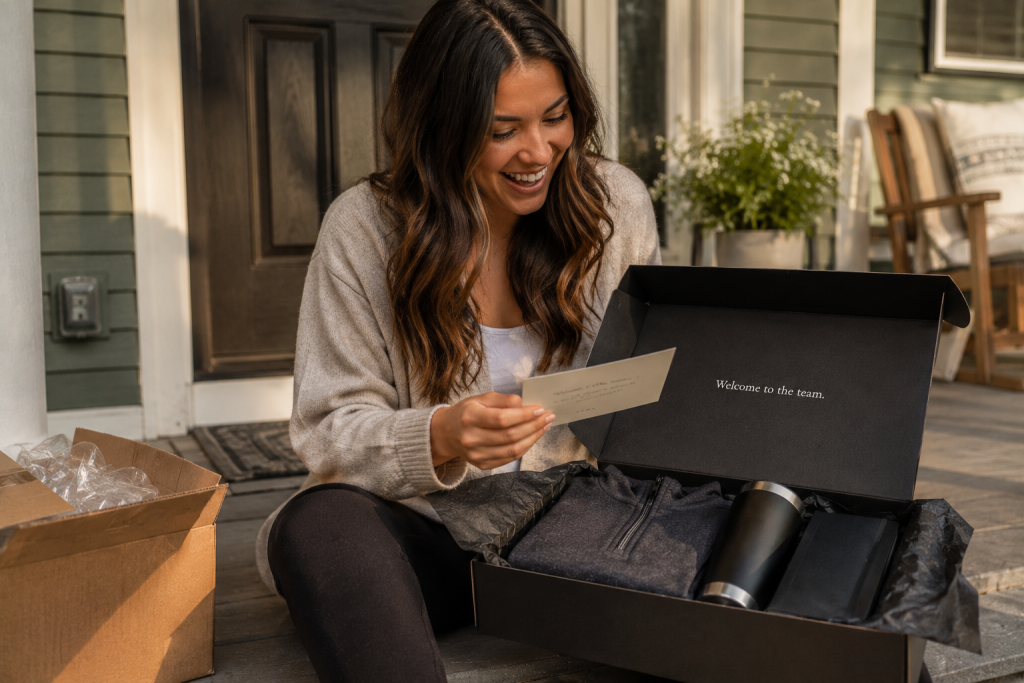 Remote new hire opening employee onboarding kit box on front porch