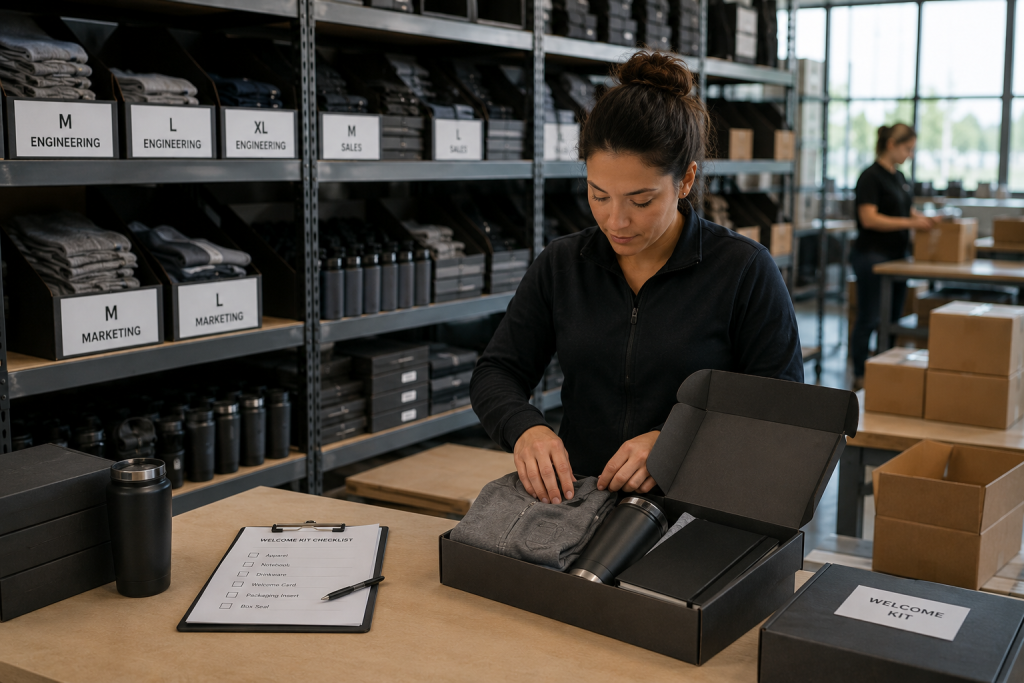 Warehouse worker assembling employee onboarding kits with labeled inventory bins by size and department