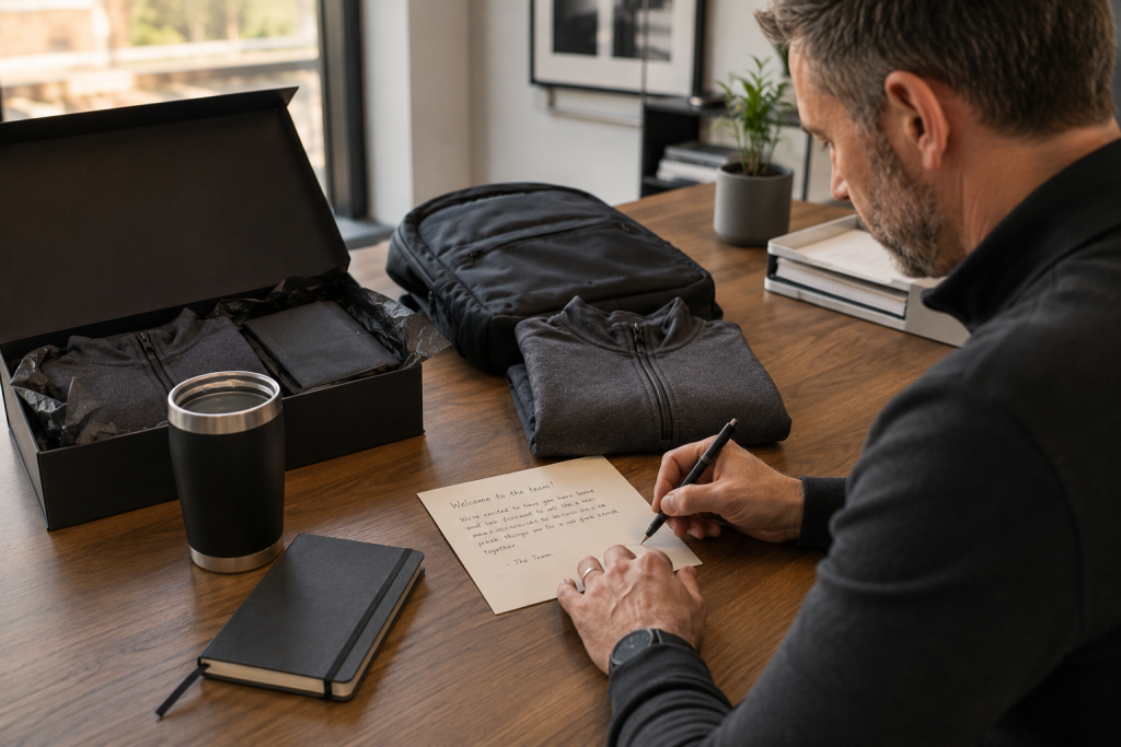 Handwritten welcome note being written next to an open employee onboarding kit box