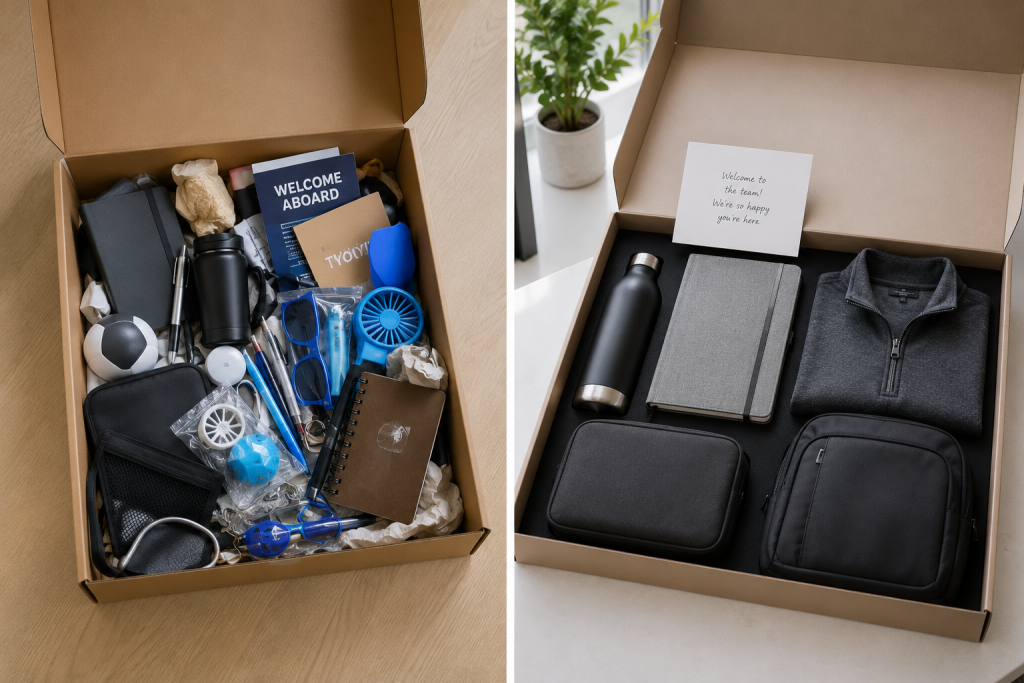 Comparison of a cluttered, disorganized onboarding kit next to a clean, curated onboarding kit
