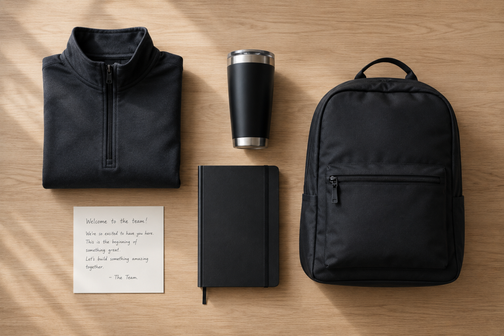 Flat lay of employee onboarding kit including quarter-zip, tumbler, notebook, and backpack with welcome note