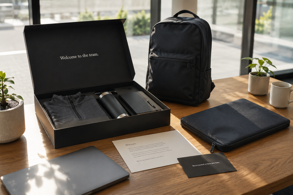 Complete employee onboarding kit spread including branded box, backpack, laptop sleeve, and welcome cards on office desk