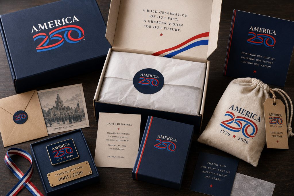 America 250 commemorative merchandise packaging and collectible branded kit