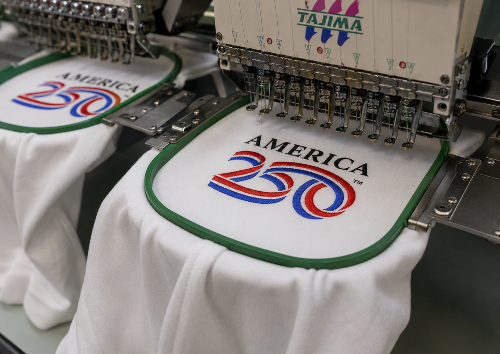 America 250 embroidered apparel production showing premium decoration techniques