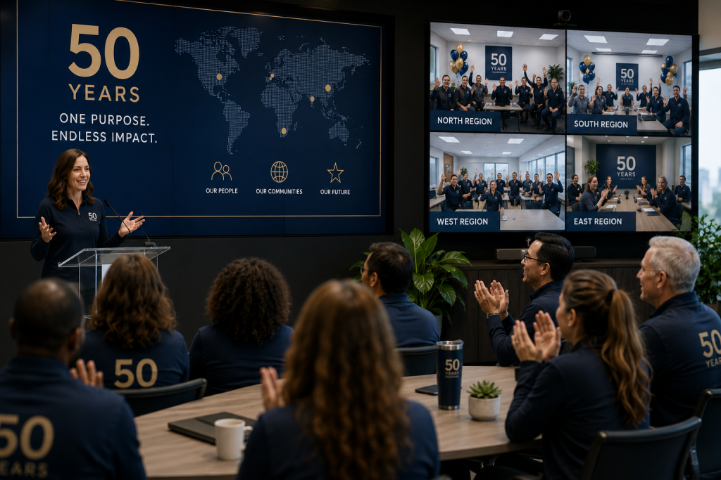 Multi-location company anniversary celebration connecting employees across regions