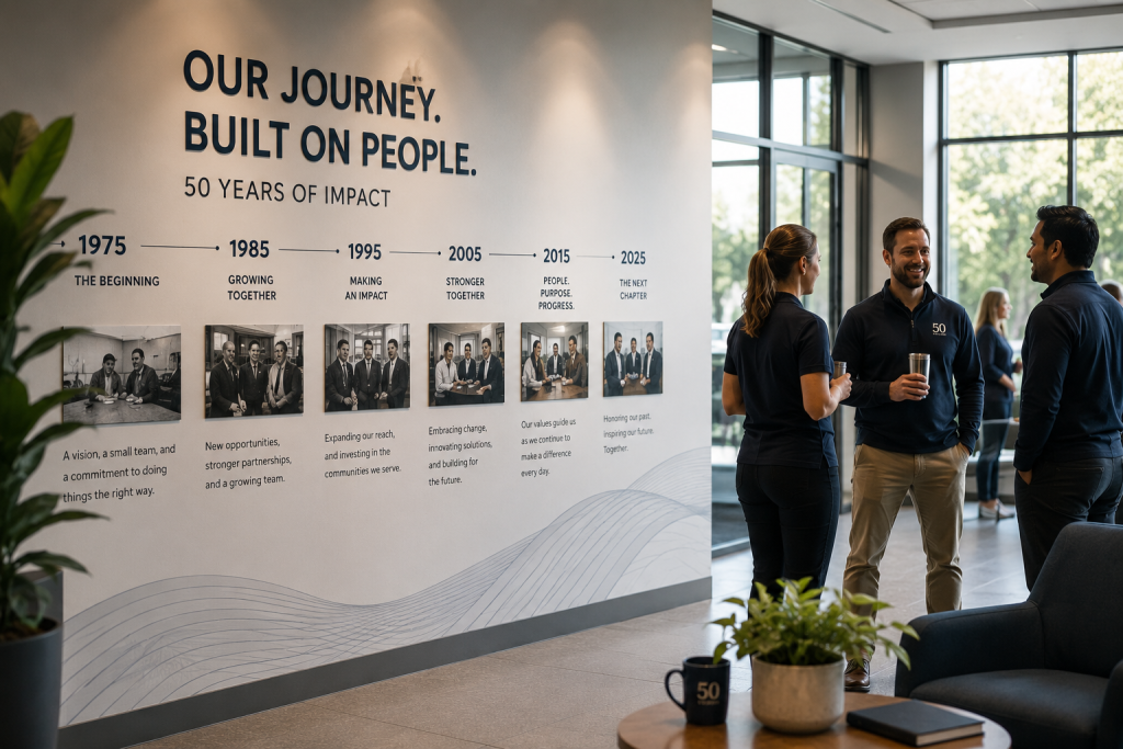 Corporate anniversary timeline showcasing 50 years of organizational growth and impact