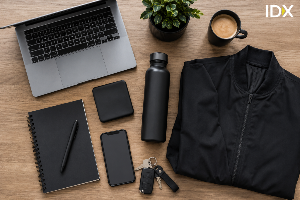 Flat-lay of everyday carry items including a water bottle, notebook, jacket, and laptop on a wooden desk