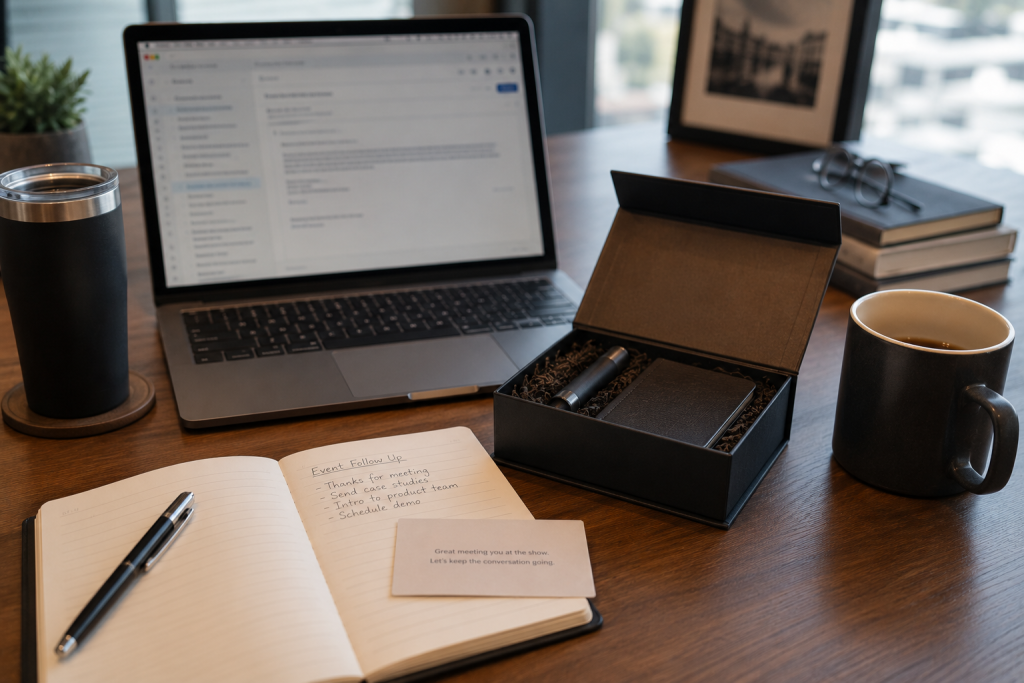 A desk scene showing an open notebook with event follow-up tasks, a premium gift box, a handwritten card reading "Great meeting you at the show. Let's keep the conversation going," and a laptop open to email.