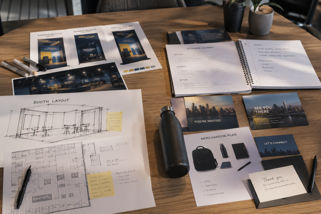  A planning session spread showing booth layout sketches, attendee journey documents, banner mockups, a merchandise plan, and branded invitations on a conference table.