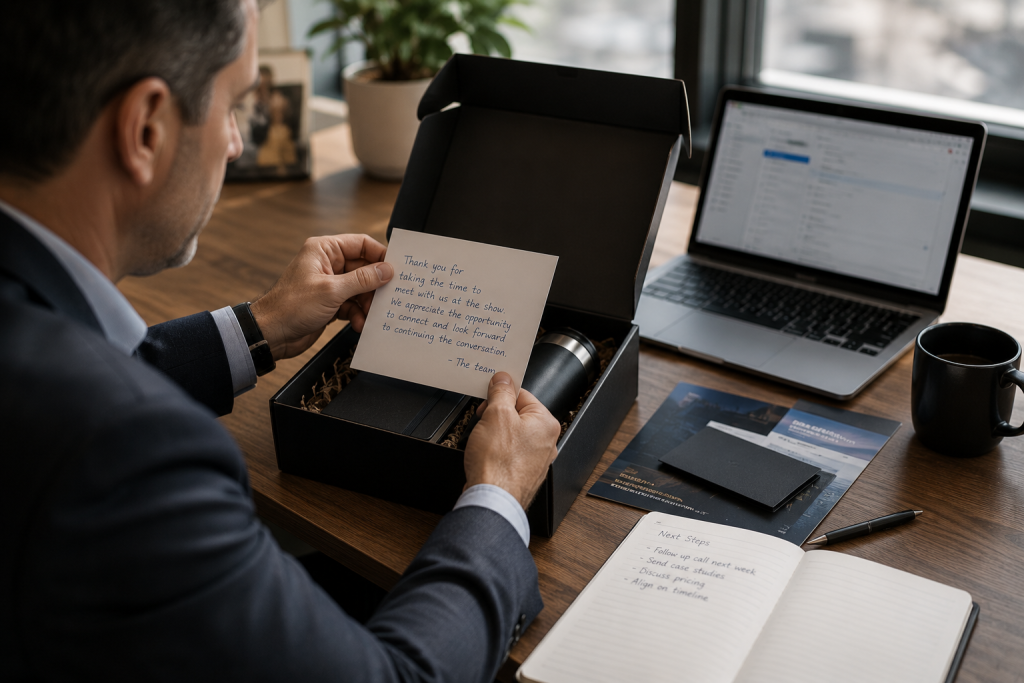 A business executive in a suit opening a post-event gift box and reading a handwritten thank-you note, with next steps written in a notebook beside him.