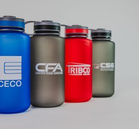 Multiple water bottles in different colors and brand name logos on the front of the water bottles.