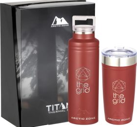 A branded thermos and travel mug